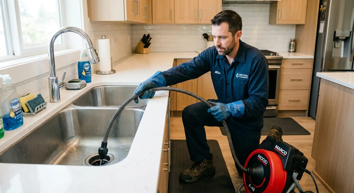 Drain cleaning technician using a motorized snake on a kitchen sink in Middletown